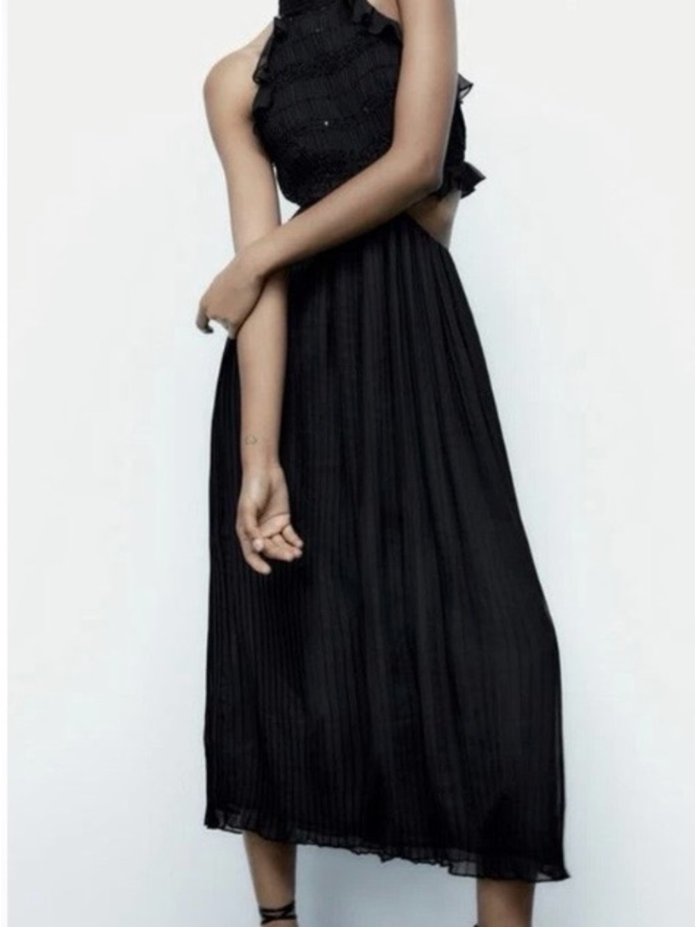 Zara Ruffled Pleated Midi Halter Dress With Sequin Appliques, Size Medium NWT